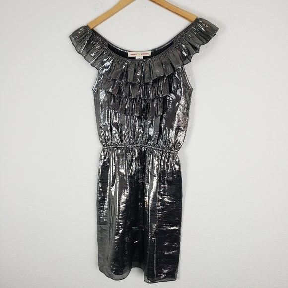 Amanda uprichard silk Platinum metallic ruffle off the shoulder dress - Picture 7 of 8